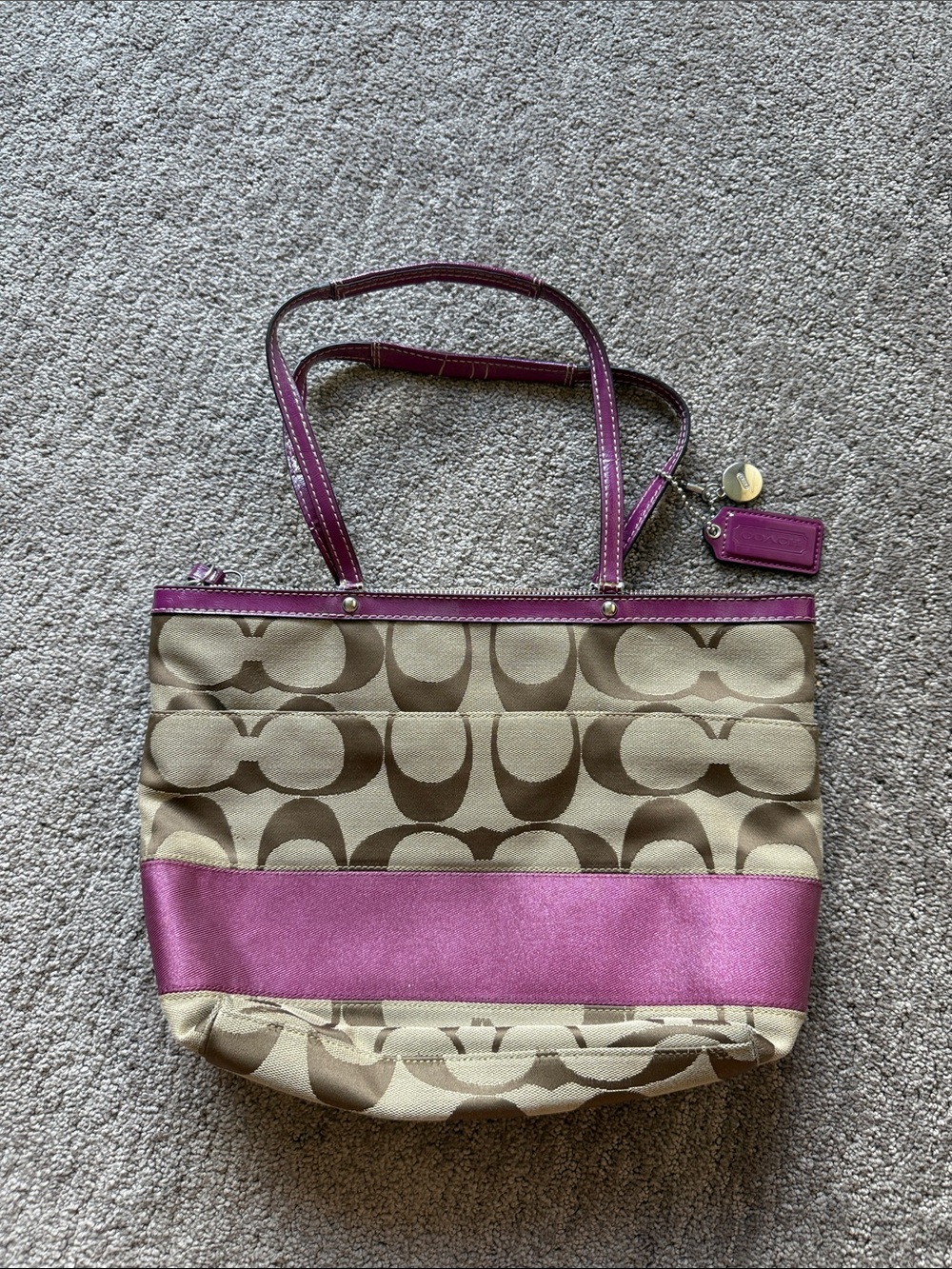 Coach Beige Signature Canvas Tote with Magenta Trim and Stripe